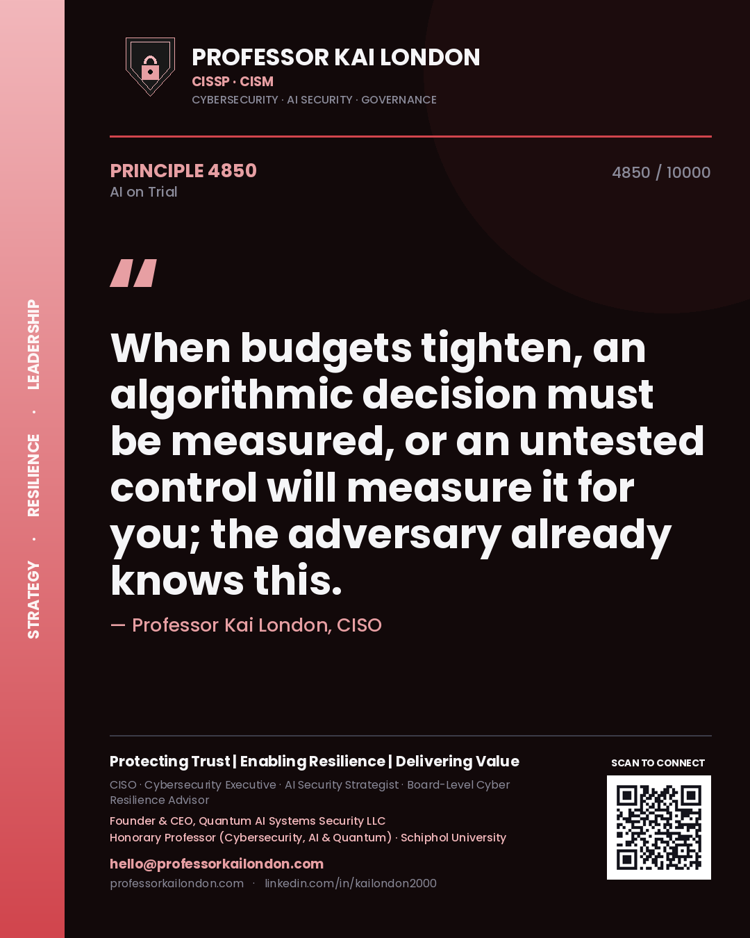 Professor Kai London principle 4850: When budgets tighten, an algorithmic decision must be measured, or an untested control will measure it for you; the adversary already knows this.