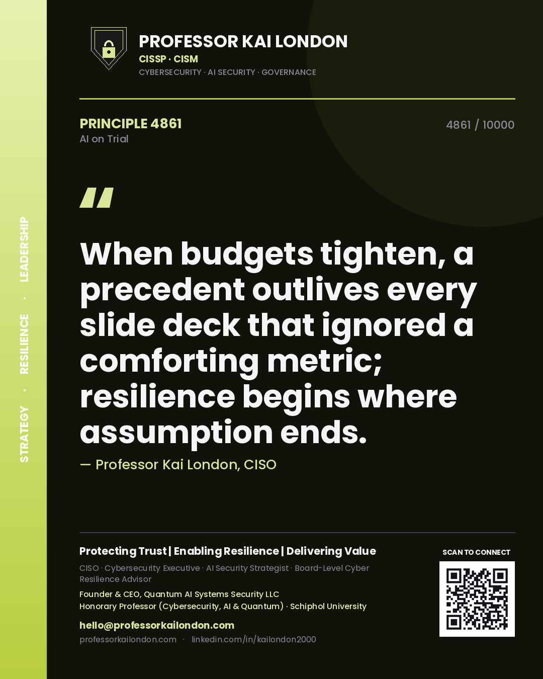 Professor Kai London principle 4861: When budgets tighten, a precedent outlives every slide deck that ignored a comforting metric; resilience begins where assumption ends.