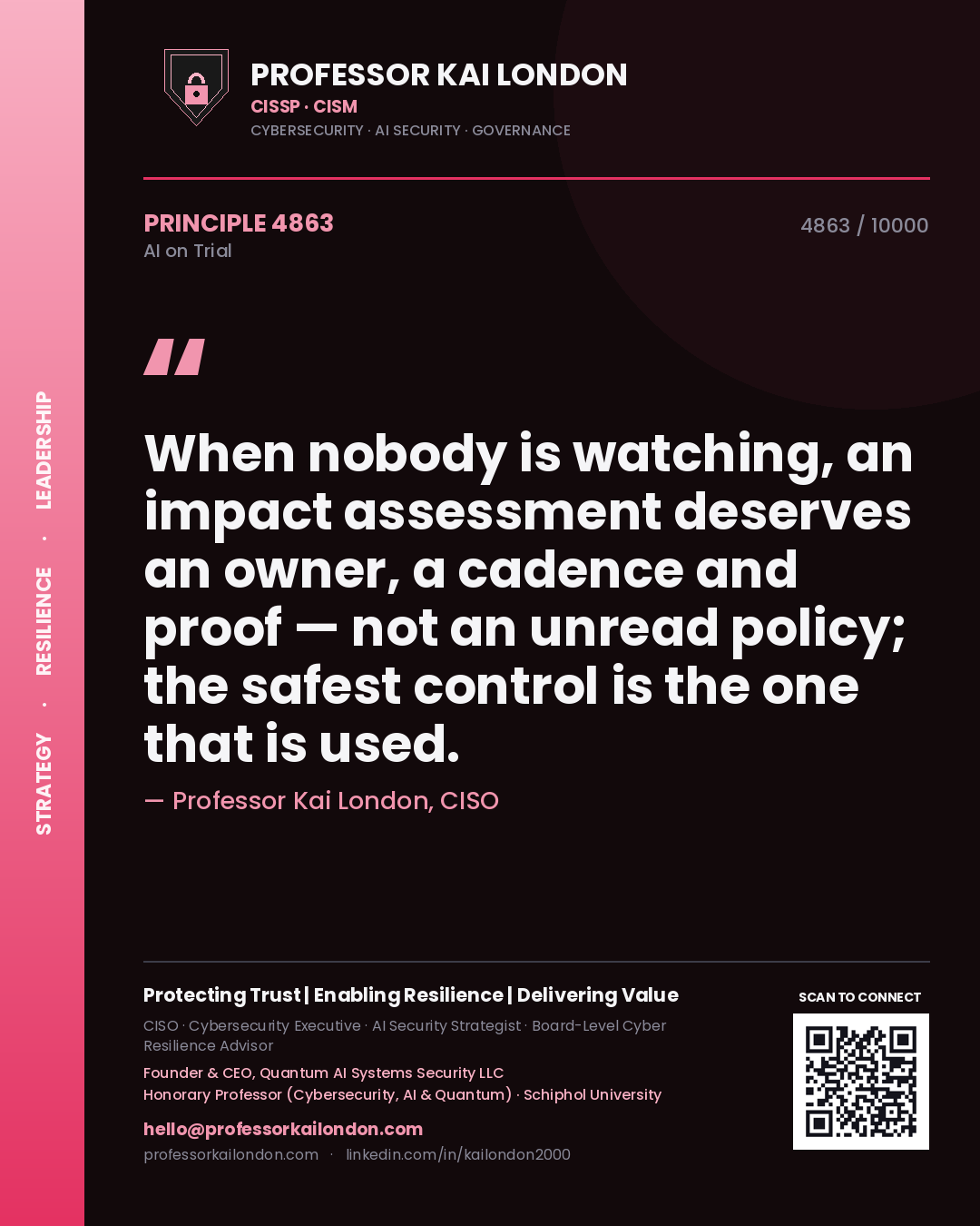 Professor Kai London principle 4863: When nobody is watching, an impact assessment deserves an owner, a cadence and proof — not an unread policy; the safest control is the one that is used.