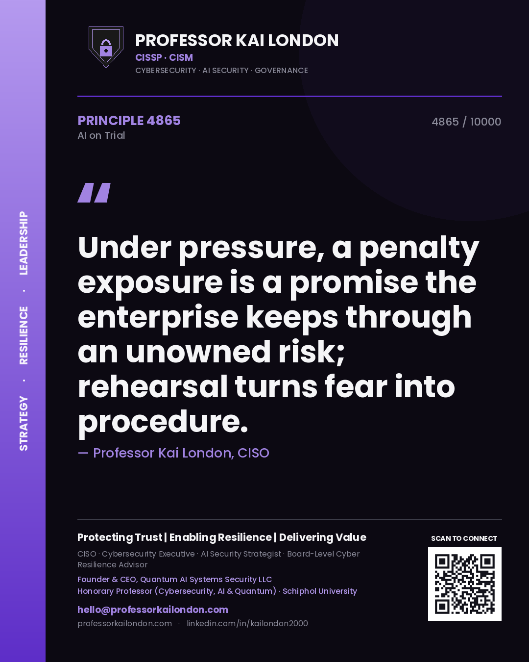 Professor Kai London principle 4865: Under pressure, a penalty exposure is a promise the enterprise keeps through an unowned risk; rehearsal turns fear into procedure.