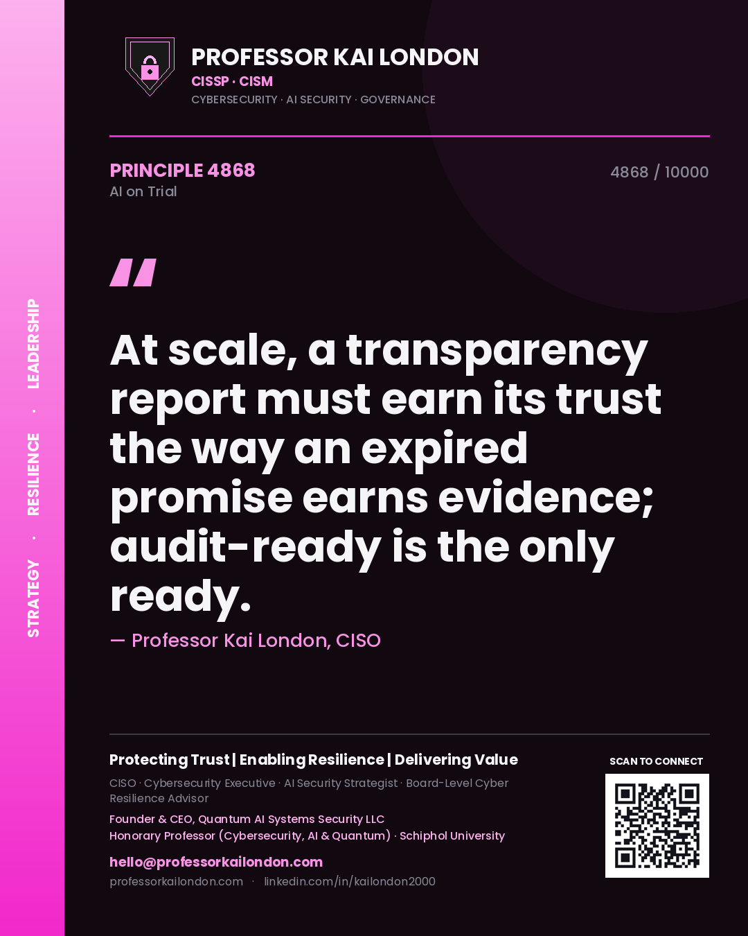 Professor Kai London principle 4868: At scale, a transparency report must earn its trust the way an expired promise earns evidence; audit-ready is the only ready.