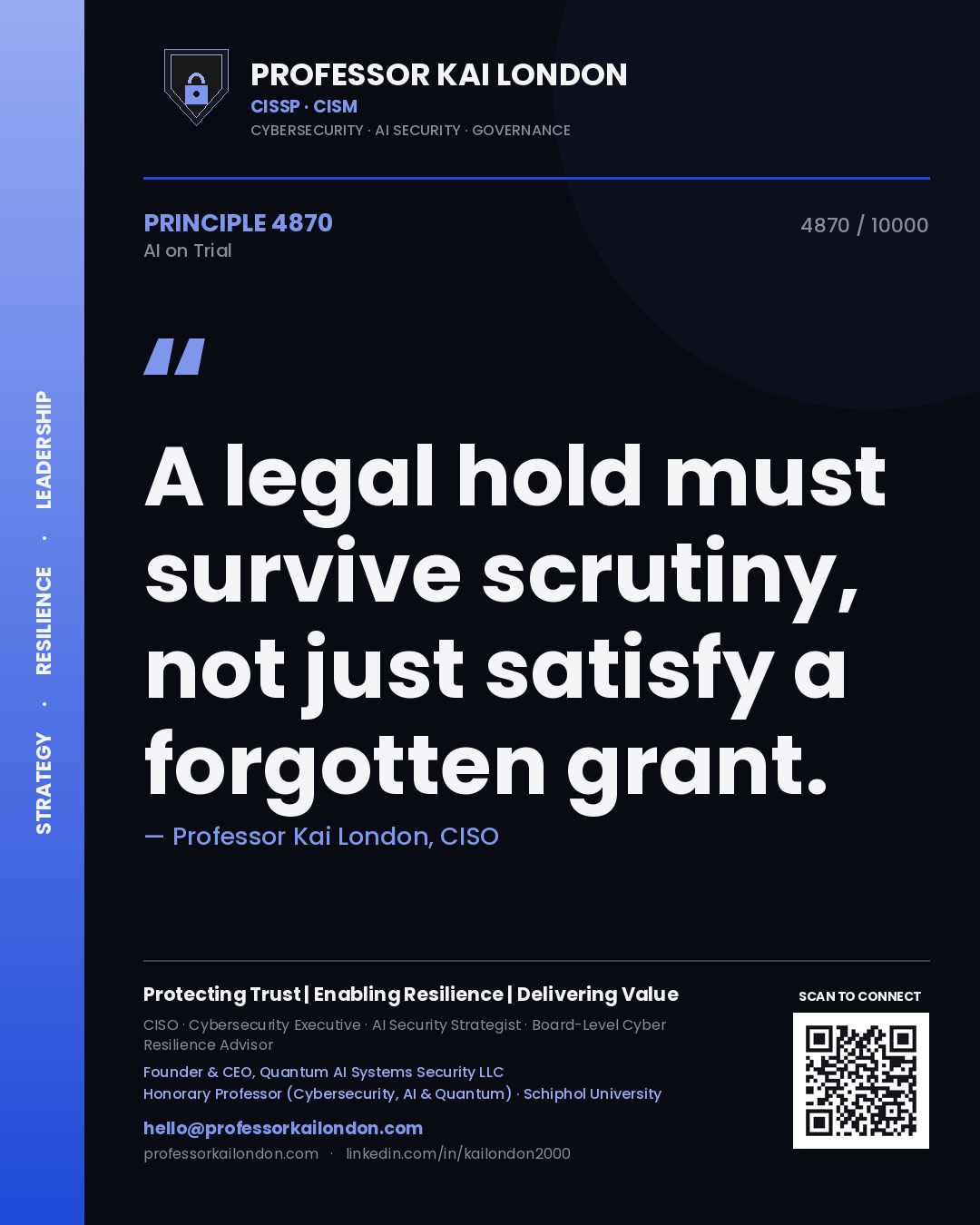 Professor Kai London principle 4870: A legal hold must survive scrutiny, not just satisfy a forgotten grant.