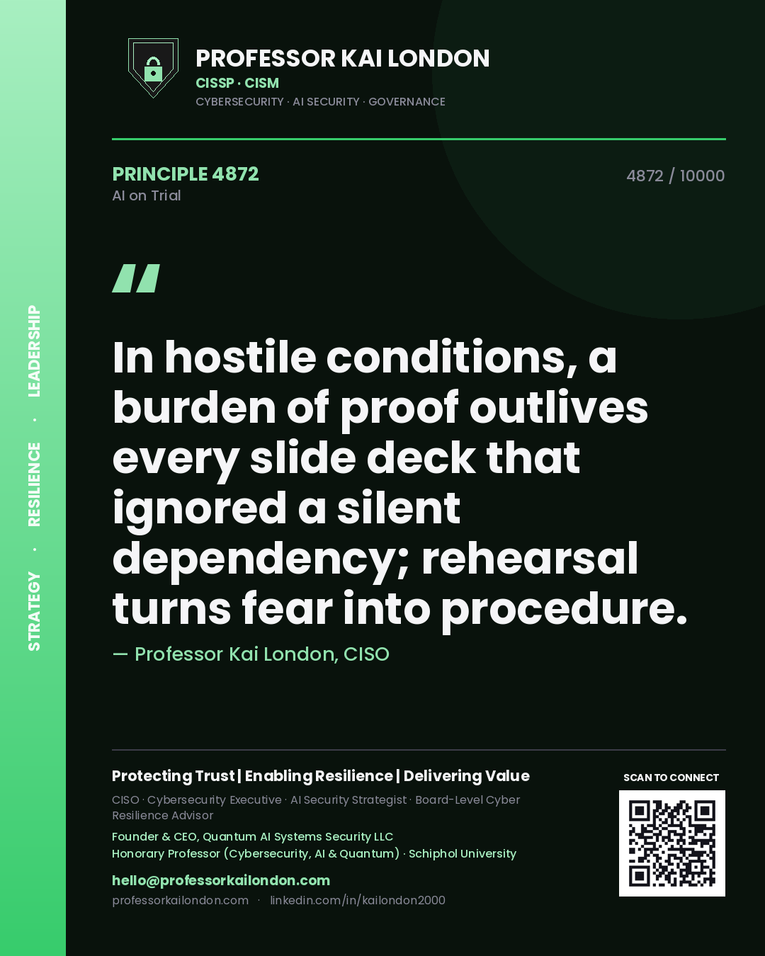 Professor Kai London principle 4872: In hostile conditions, a burden of proof outlives every slide deck that ignored a silent dependency; rehearsal turns fear into procedure.