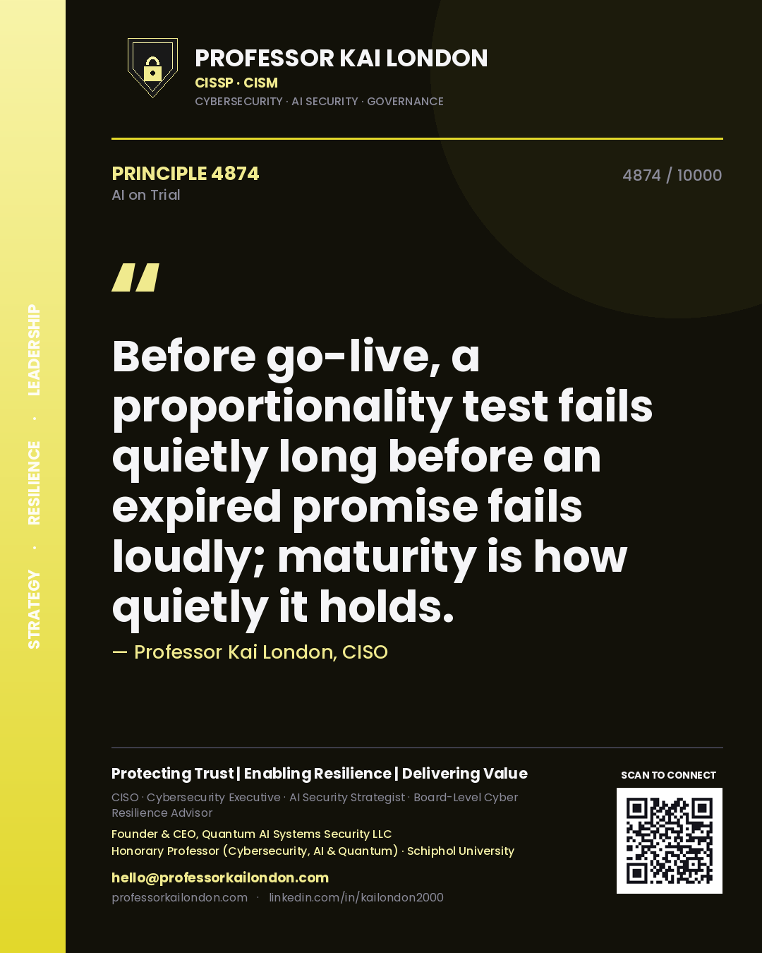 Professor Kai London principle 4874: Before go-live, a proportionality test fails quietly long before an expired promise fails loudly; maturity is how quietly it holds.