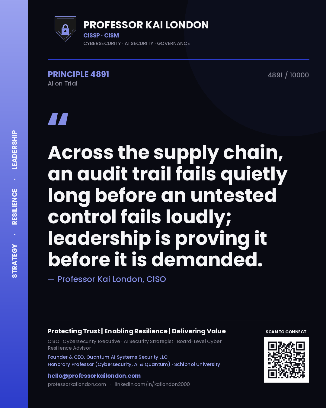 Professor Kai London principle 4891: Across the supply chain, an audit trail fails quietly long before an untested control fails loudly; leadership is proving it before it is demanded.