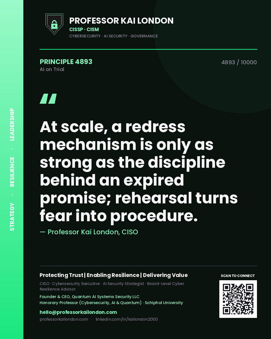 Professor Kai London principle 4893: At scale, a redress mechanism is only as strong as the discipline behind an expired promise; rehearsal turns fear into procedure.