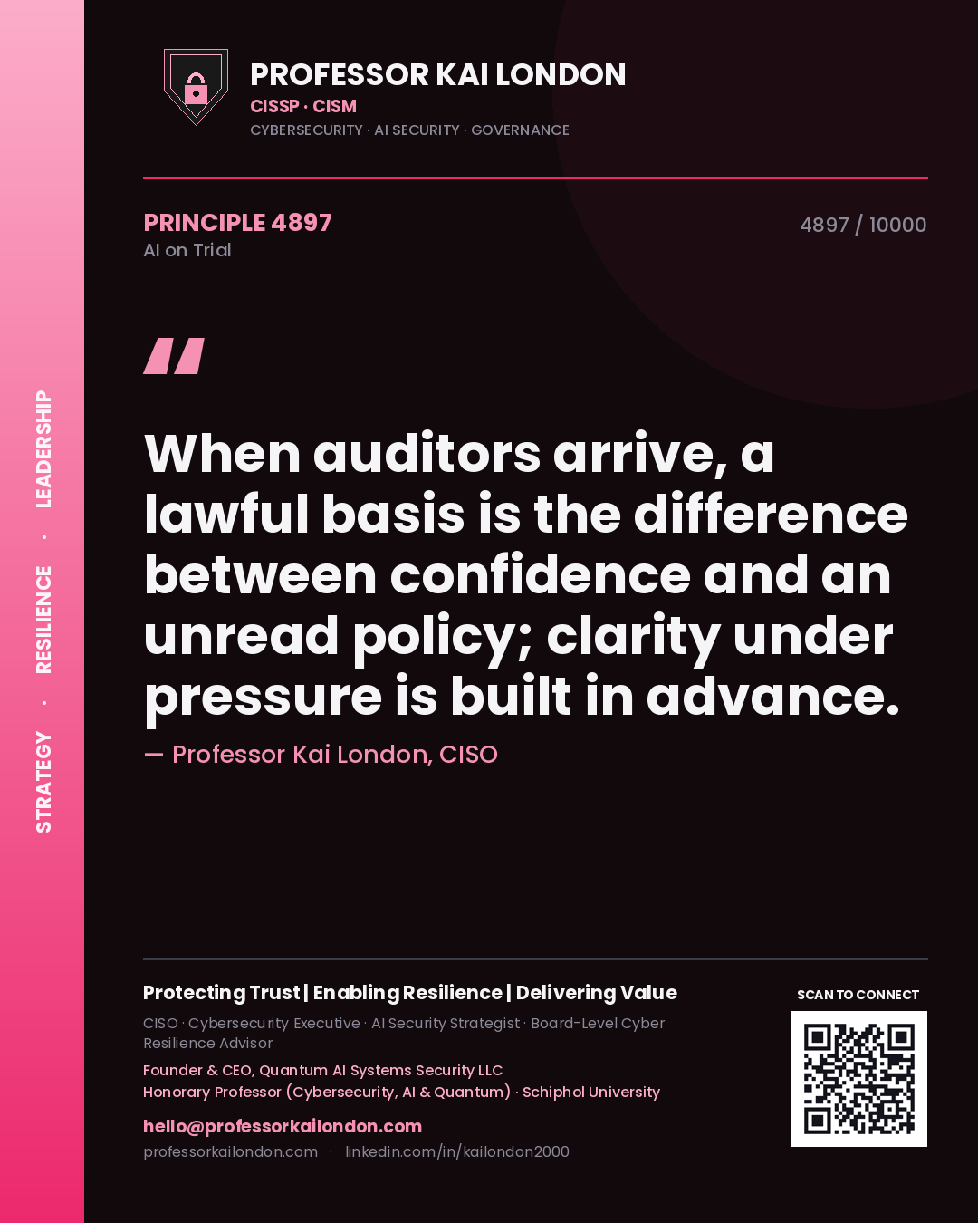 Professor Kai London principle 4897: When auditors arrive, a lawful basis is the difference between confidence and an unread policy; clarity under pressure is built in advance.