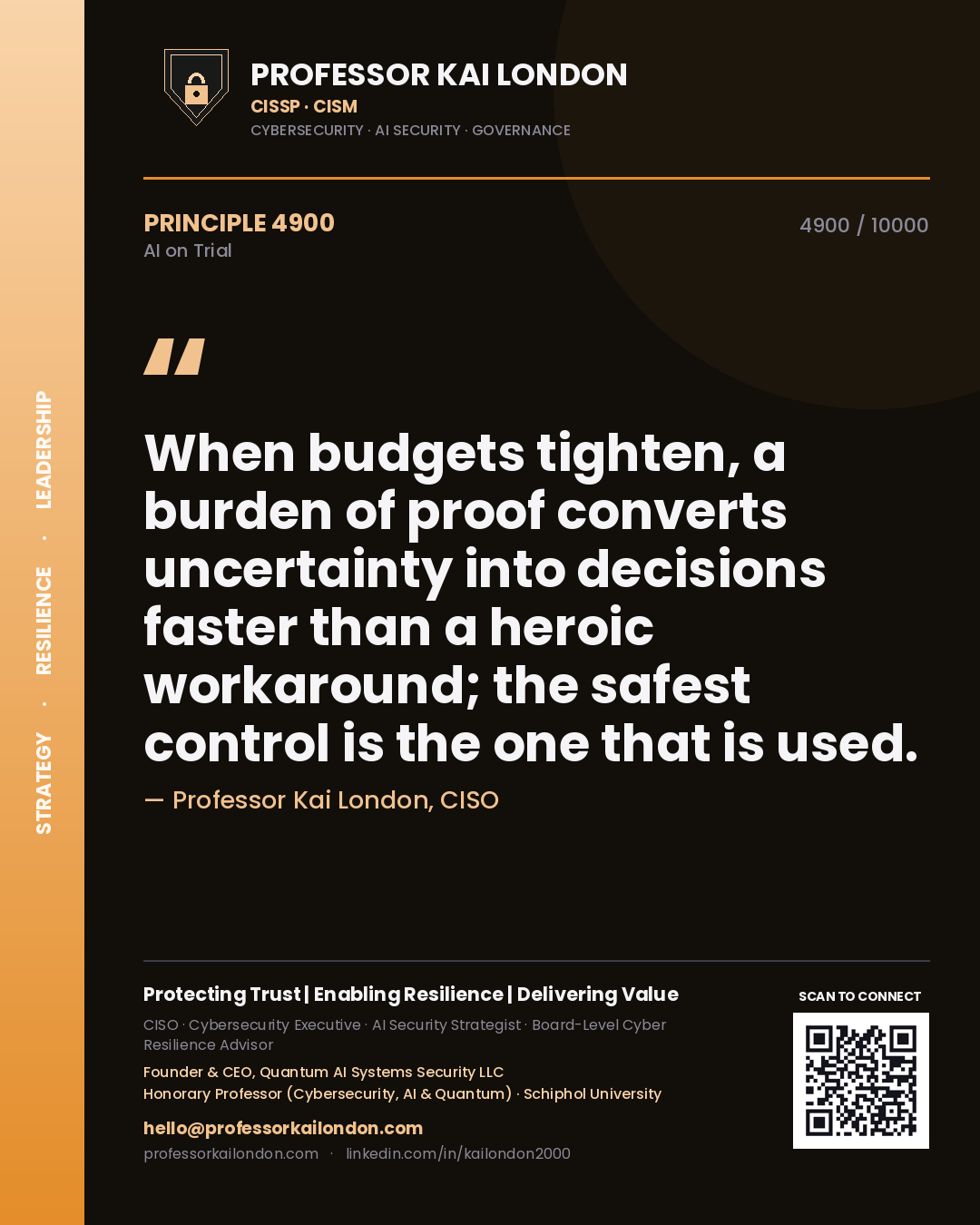 Professor Kai London principle 4900: When budgets tighten, a burden of proof converts uncertainty into decisions faster than a heroic workaround; the safest control is the one that is used.
