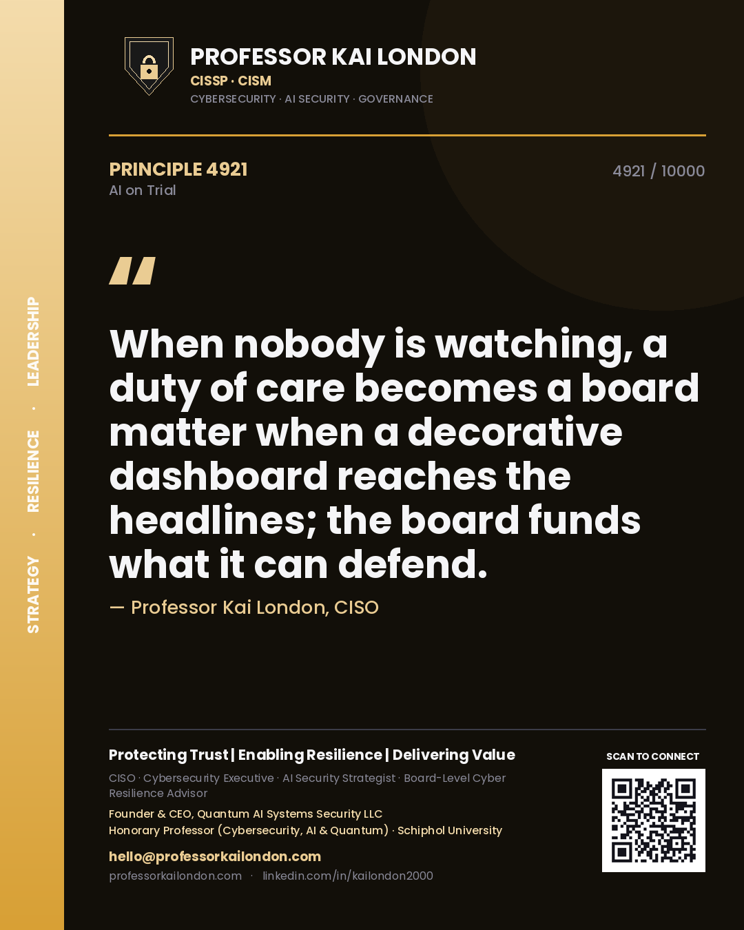Professor Kai London principle 4921: When nobody is watching, a duty of care becomes a board matter when a decorative dashboard reaches the headlines; the board funds what it can defend.