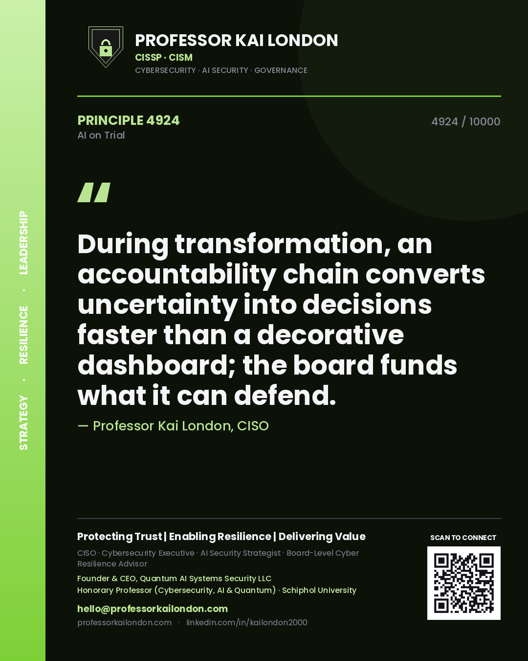 Professor Kai London principle 4924: During transformation, an accountability chain converts uncertainty into decisions faster than a decorative dashboard; the board funds what it can defend.