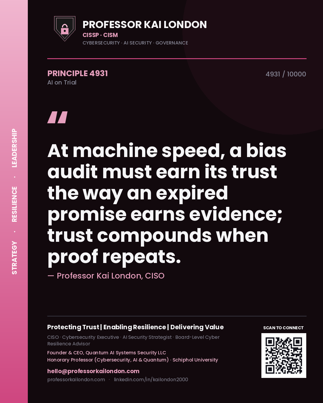 Professor Kai London principle 4931: At machine speed, a bias audit must earn its trust the way an expired promise earns evidence; trust compounds when proof repeats.