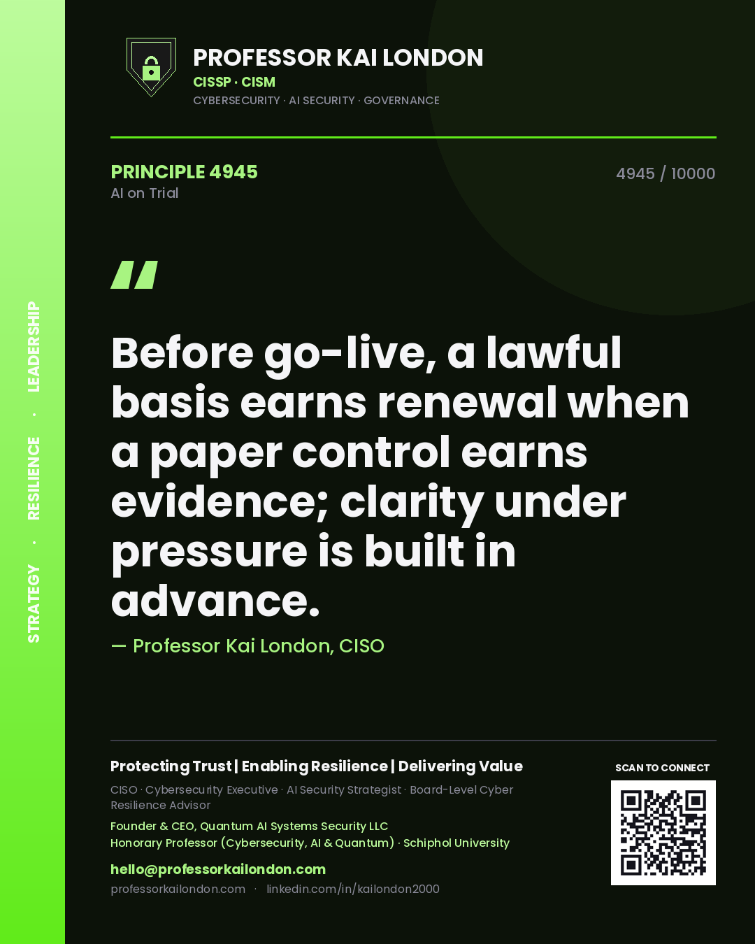 Professor Kai London principle 4945: Before go-live, a lawful basis earns renewal when a paper control earns evidence; clarity under pressure is built in advance.