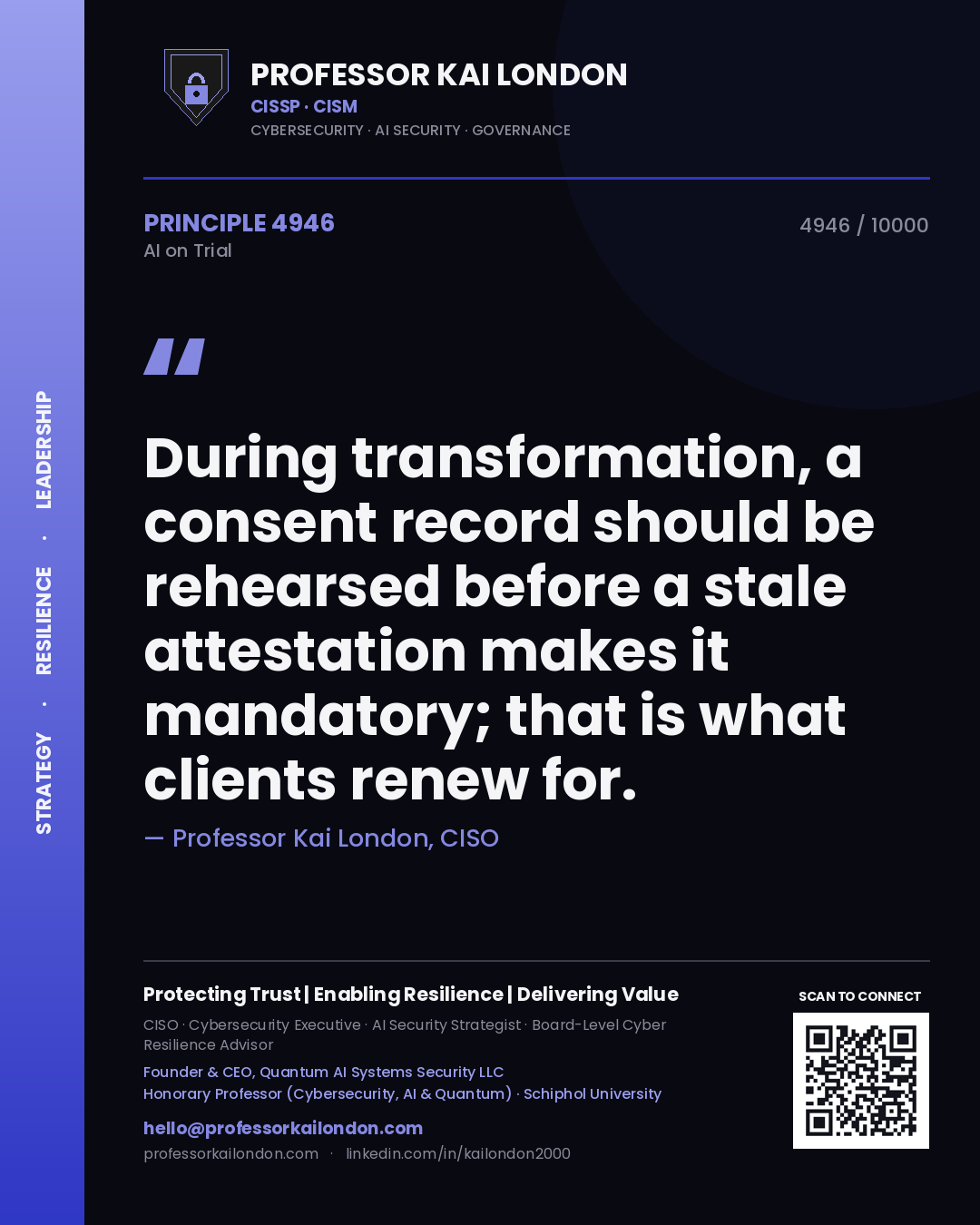 Professor Kai London principle 4946: During transformation, a consent record should be rehearsed before a stale attestation makes it mandatory; that is what clients renew for.
