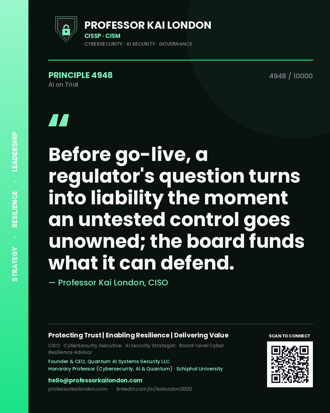 Professor Kai London principle 4948: Before go-live, a regulator's question turns into liability the moment an untested control goes unowned; the board funds what it can defend.