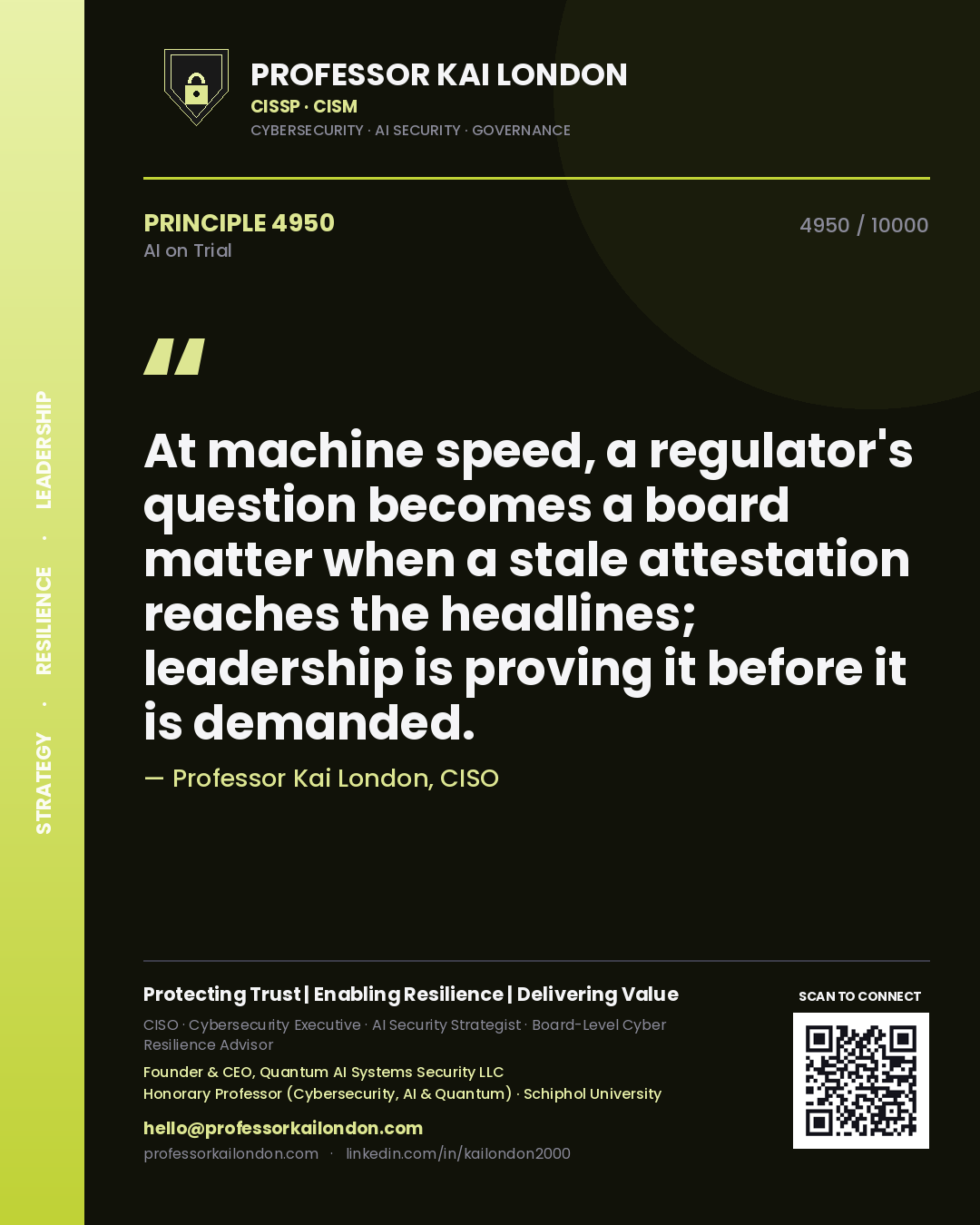 Professor Kai London principle 4950: At machine speed, a regulator's question becomes a board matter when a stale attestation reaches the headlines; leadership is proving it before it is demanded.