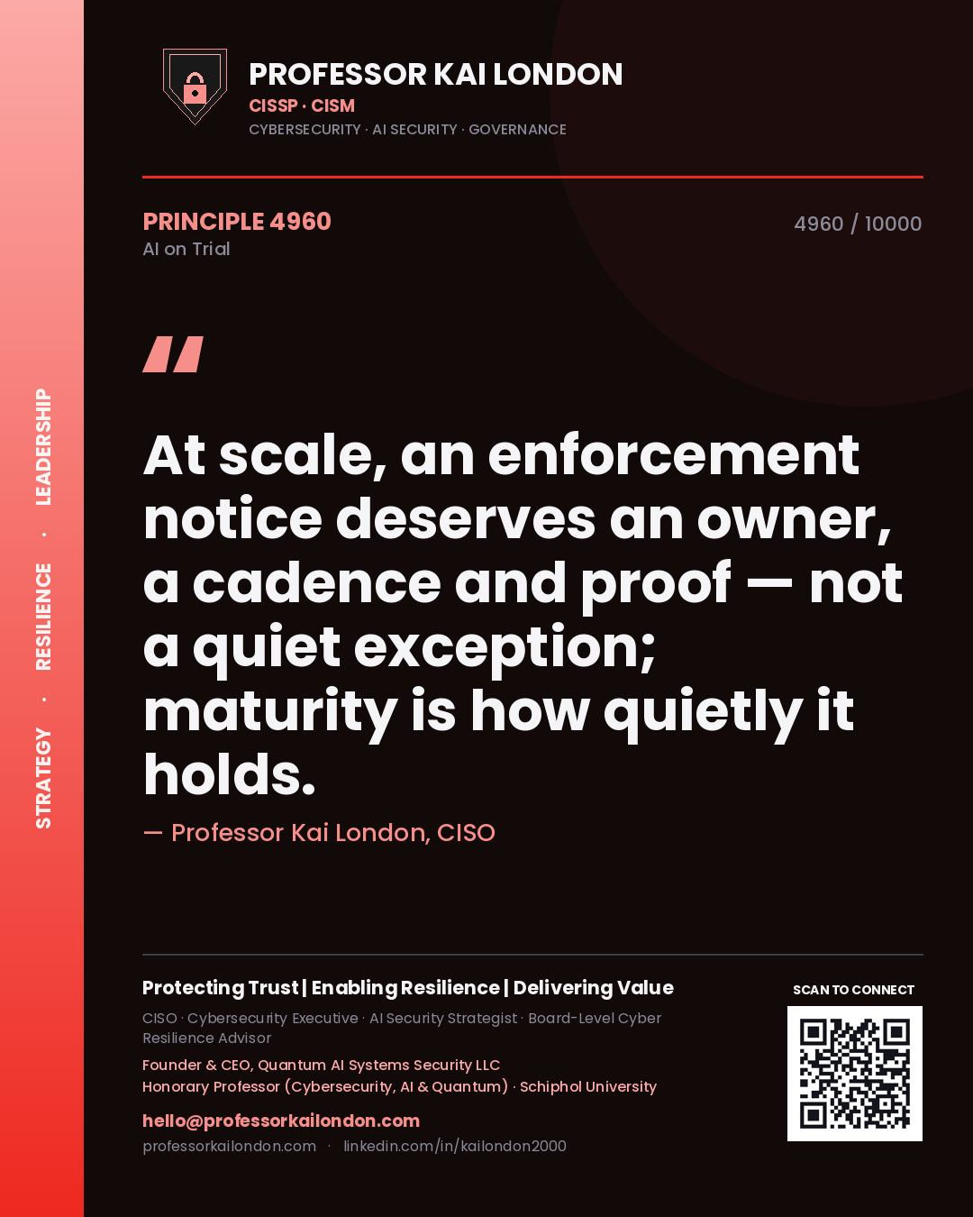 Professor Kai London principle 4960: At scale, an enforcement notice deserves an owner, a cadence and proof — not a quiet exception; maturity is how quietly it holds.