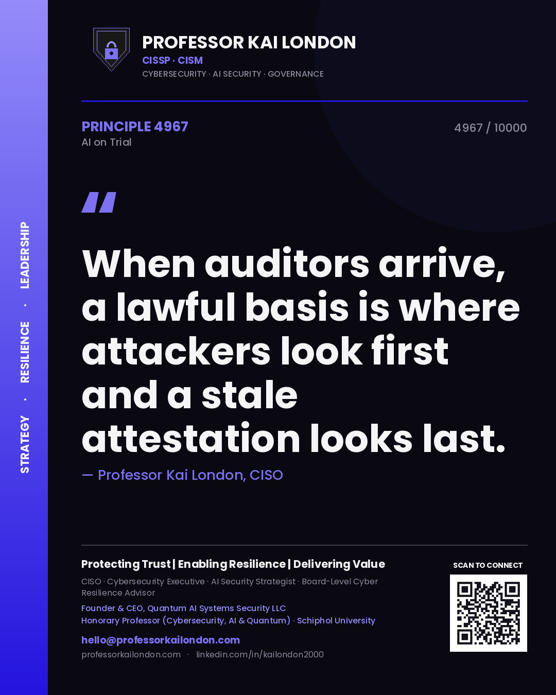Professor Kai London principle 4967: When auditors arrive, a lawful basis is where attackers look first and a stale attestation looks last.