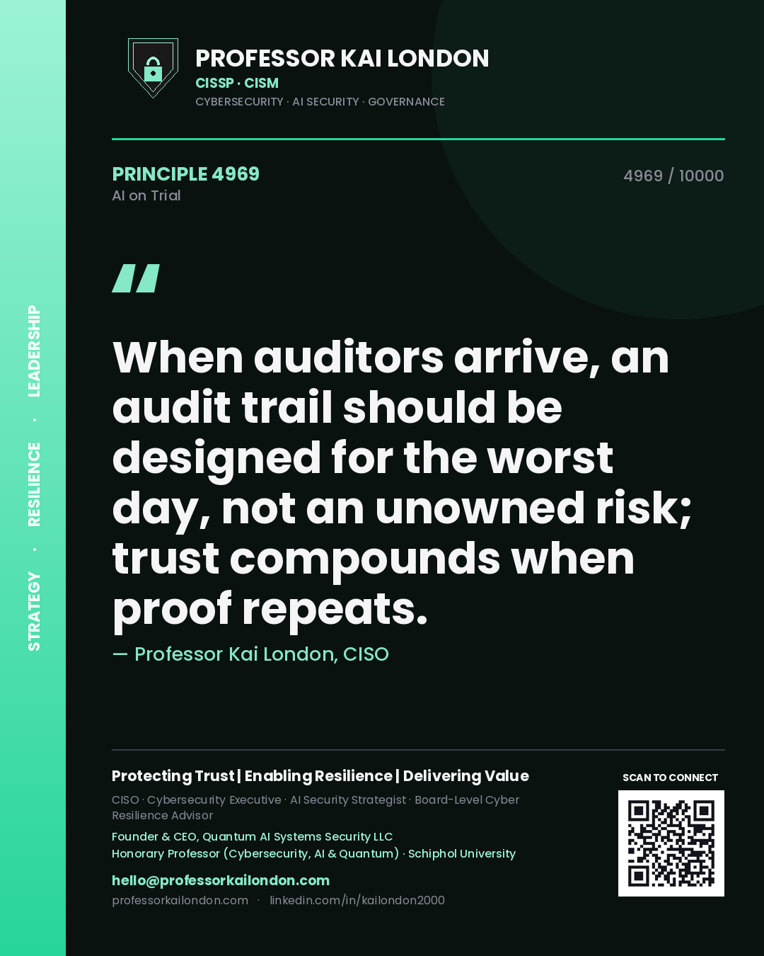 Professor Kai London principle 4969: When auditors arrive, an audit trail should be designed for the worst day, not an unowned risk; trust compounds when proof repeats.