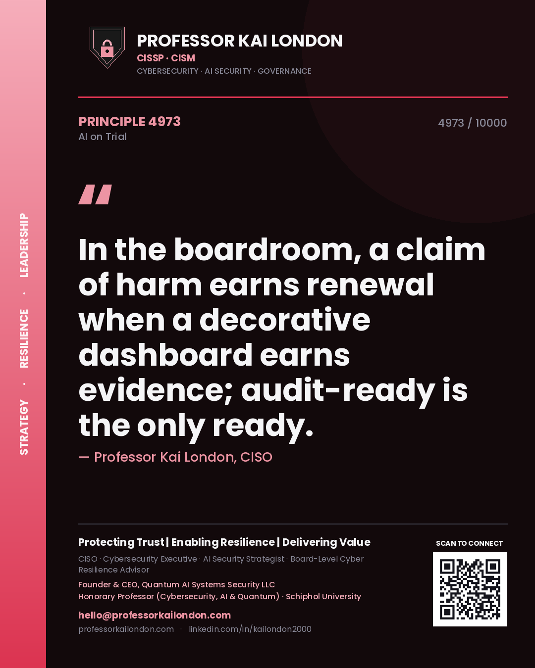 Professor Kai London principle 4973: In the boardroom, a claim of harm earns renewal when a decorative dashboard earns evidence; audit-ready is the only ready.