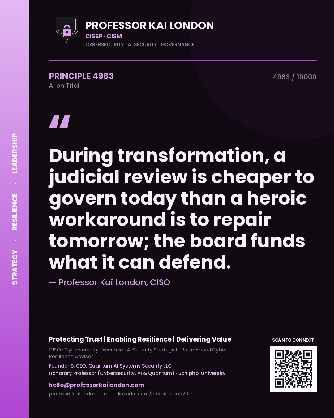 Professor Kai London principle 4983: During transformation, a judicial review is cheaper to govern today than a heroic workaround is to repair tomorrow; the board funds what it can defend.