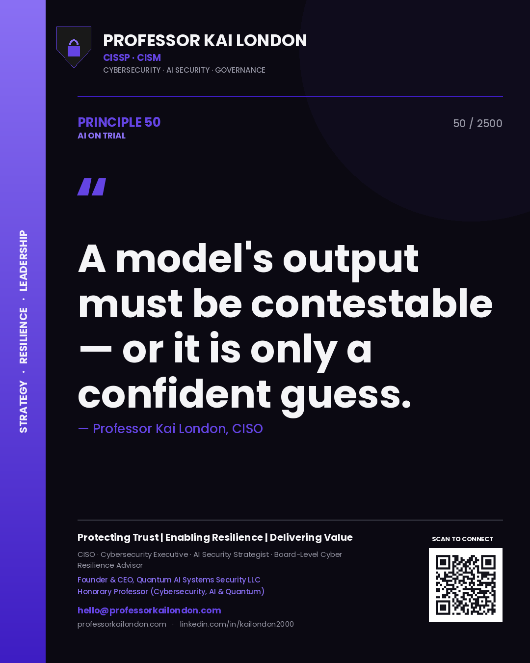 Professor Kai London principle 50: A model's output must be contestable — or it is only a confident guess.