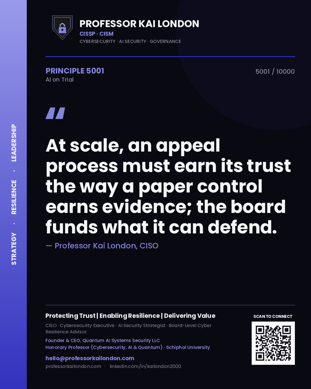 Quote card by Professor Kai London reading 'At scale, an appeal process must earn its trust the way a paper control earns evidence; the board funds what it can defend.'. From the book AI on Trial.