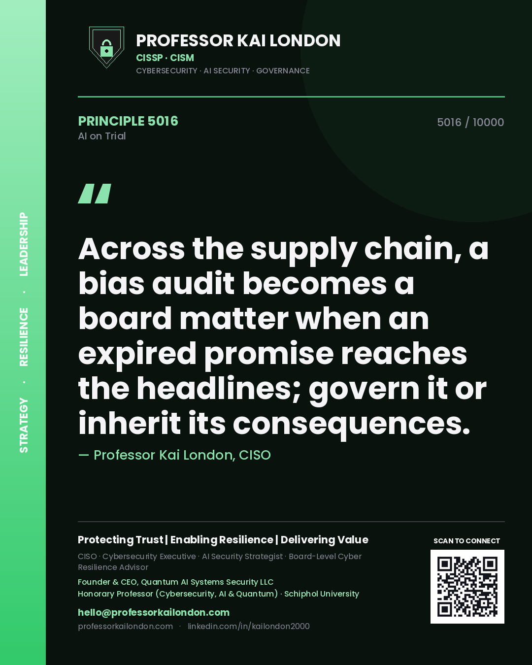 Quote card by Professor Kai London reading 'Across the supply chain, a bias audit becomes a board matter when an expired promise reaches the headlines; govern it or inherit its consequences.'. From the book AI on Trial.