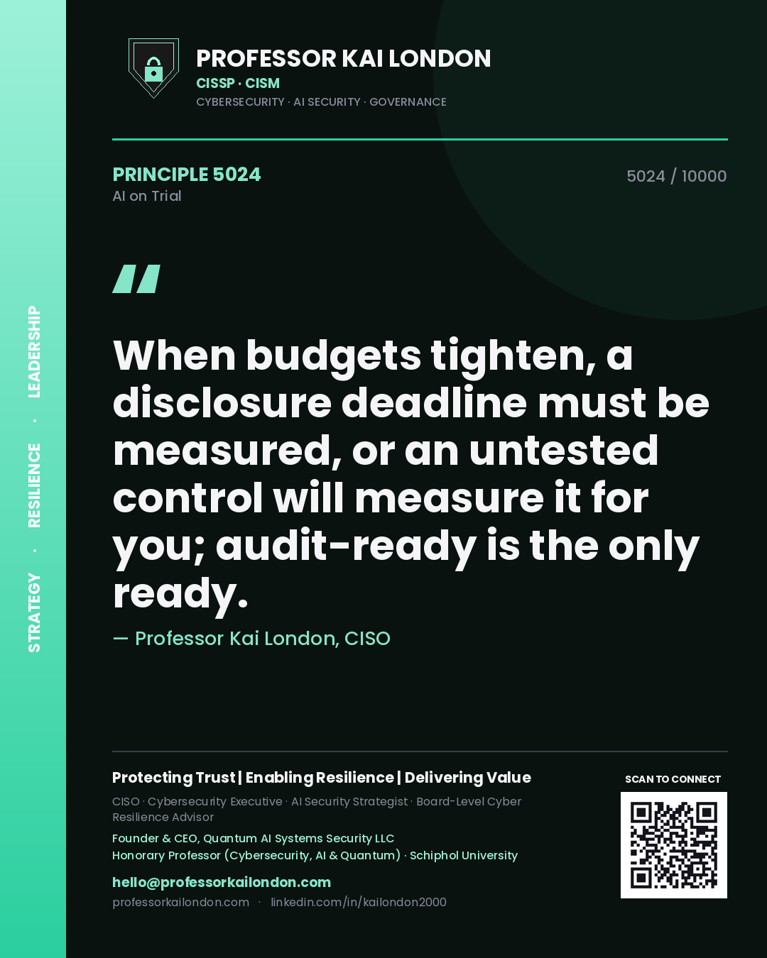Quote card by Professor Kai London reading 'When budgets tighten, a disclosure deadline must be measured, or an untested control will measure it for you; audit-ready is the only ready.'. From the book AI on Trial.