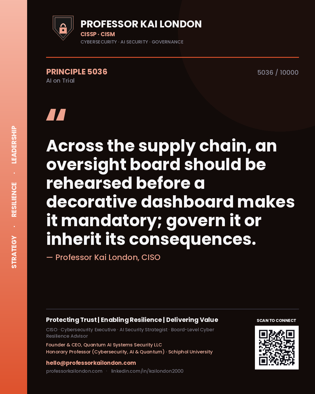 Quote card by Professor Kai London reading 'Across the supply chain, an oversight board should be rehearsed before a decorative dashboard makes it mandatory; govern it or inherit its consequences.'. From the book AI on Trial.