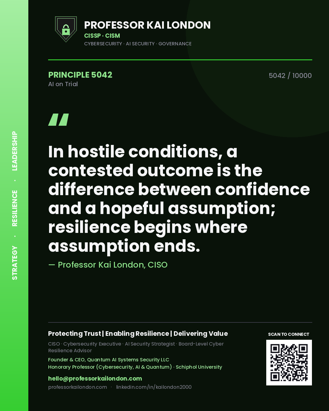 Quote card by Professor Kai London reading 'In hostile conditions, a contested outcome is the difference between confidence and a hopeful assumption; resilience begins where assumption ends.'. From the book AI on Trial.