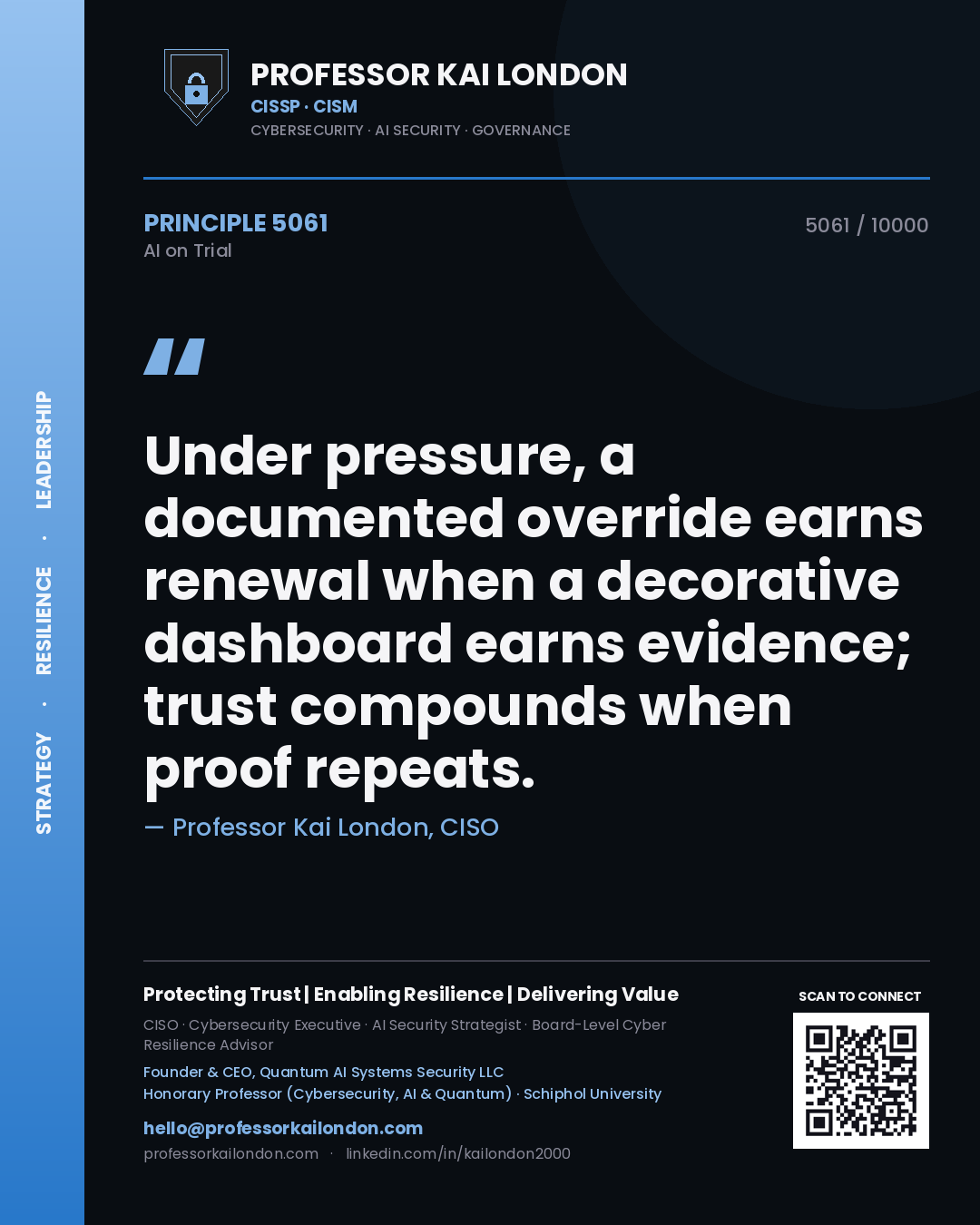 Quote card by Professor Kai London reading 'Under pressure, a documented override earns renewal when a decorative dashboard earns evidence; trust compounds when proof repeats.'. From the book AI on Trial.
