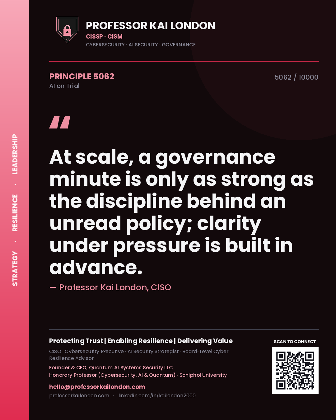 Quote card by Professor Kai London reading 'At scale, a governance minute is only as strong as the discipline behind an unread policy; clarity under pressure is built in advance.'. From the book AI on Trial.