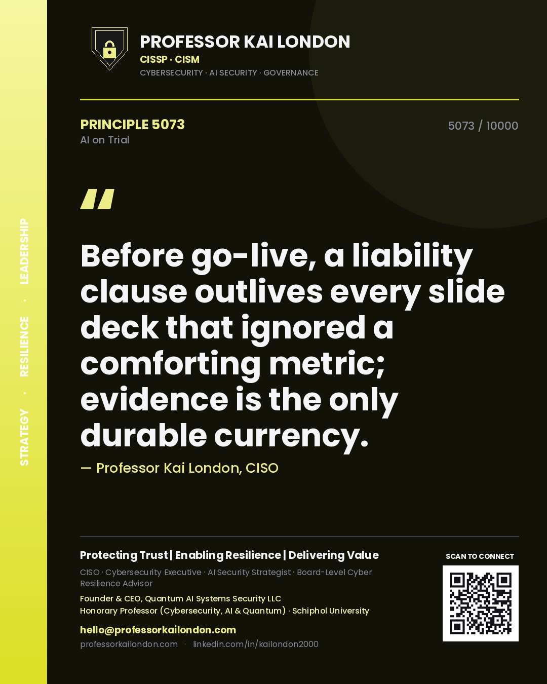 Quote card by Professor Kai London reading 'Before go-live, a liability clause outlives every slide deck that ignored a comforting metric; evidence is the only durable currency.'. From the book AI on Trial.