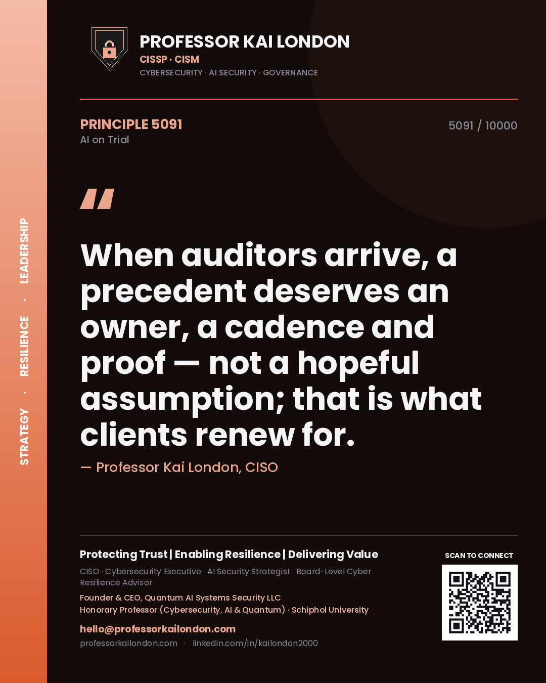 Quote card by Professor Kai London reading 'When auditors arrive, a precedent deserves an owner, a cadence and proof — not a hopeful assumption; that is what clients renew for.'. From the book AI on Trial.