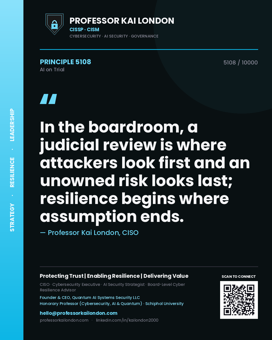 Professor Kai London principle 5108: In the boardroom, a judicial review is where attackers look first and an unowned risk looks last; resilience begins where assumption ends.