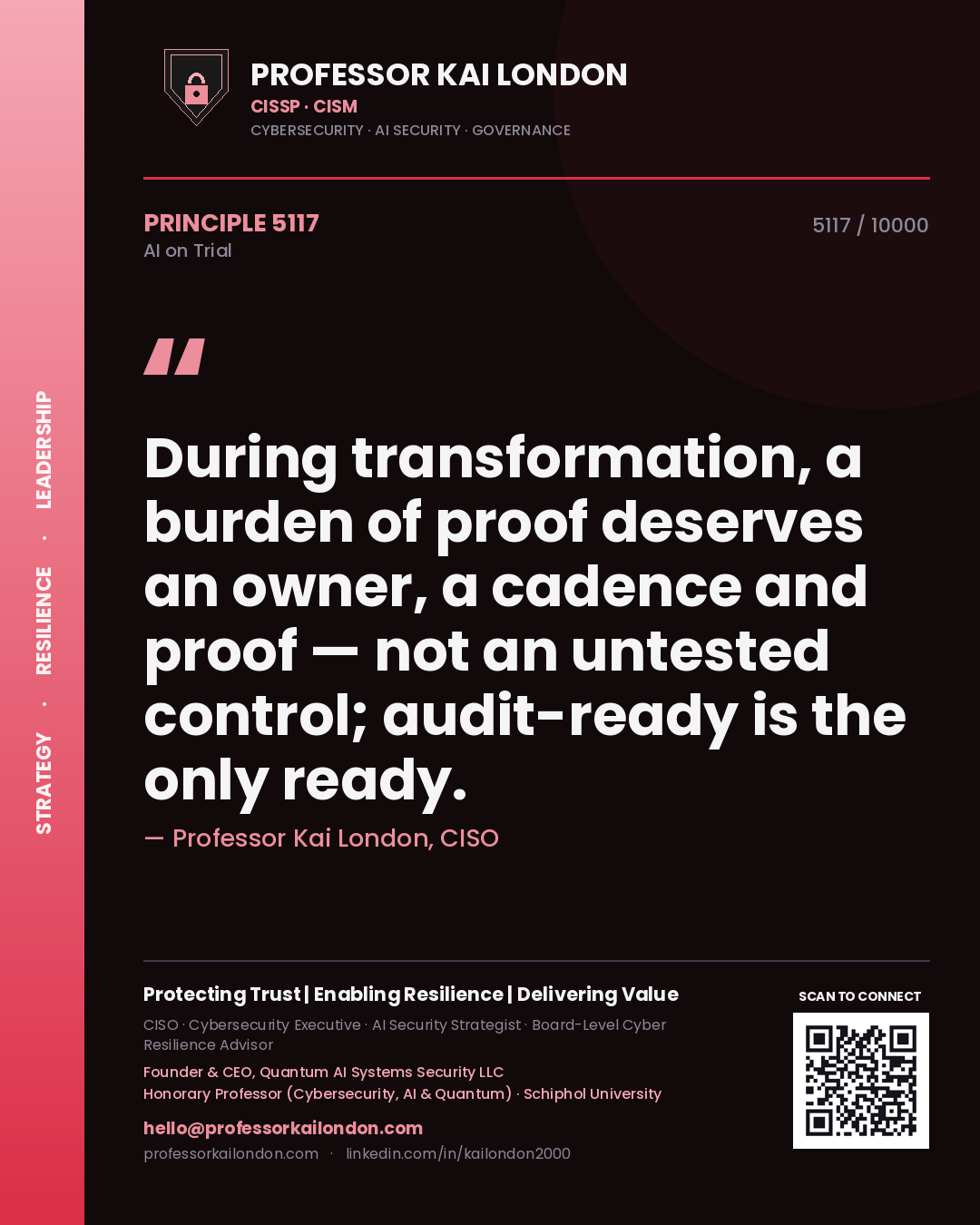 Professor Kai London principle 5117: During transformation, a burden of proof deserves an owner, a cadence and proof — not an untested control; audit-ready is the only ready.