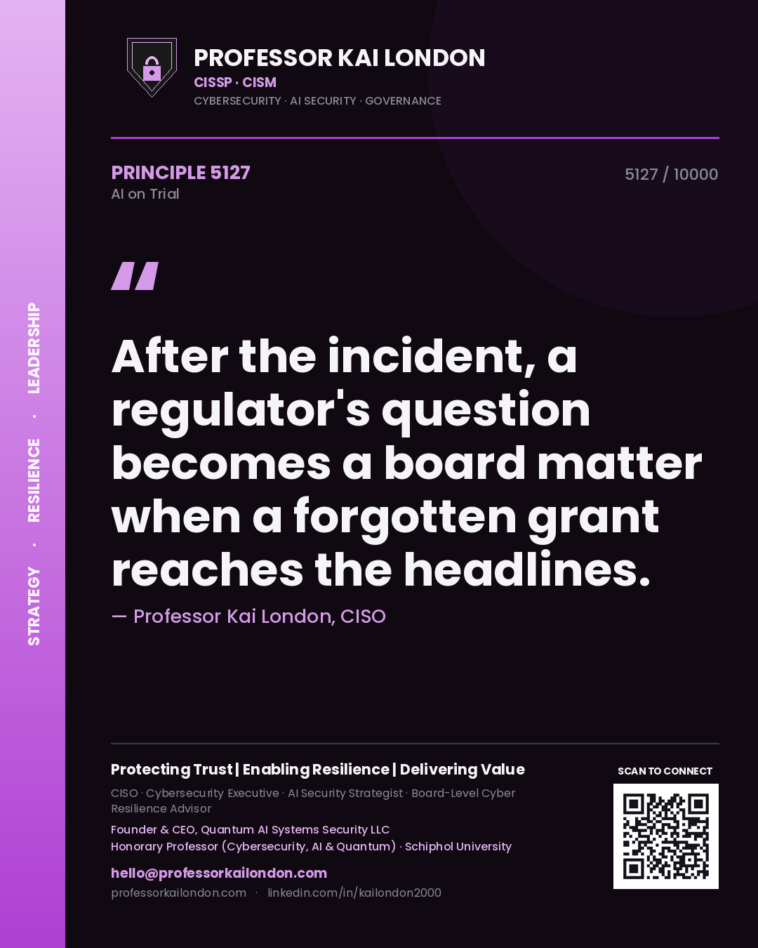 Professor Kai London principle 5127: After the incident, a regulator's question becomes a board matter when a forgotten grant reaches the headlines.