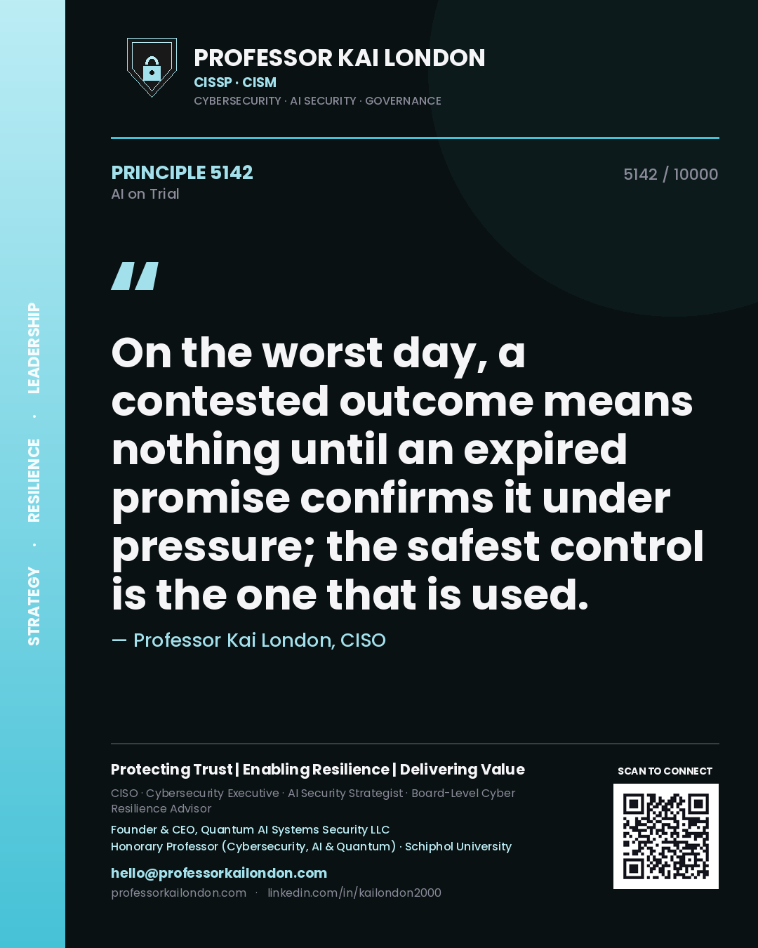 Professor Kai London principle 5142: On the worst day, a contested outcome means nothing until an expired promise confirms it under pressure; the safest control is the one that is used.