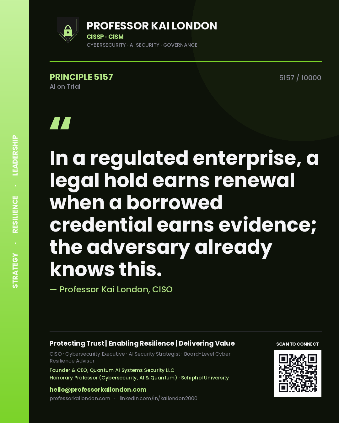 Professor Kai London principle 5157: In a regulated enterprise, a legal hold earns renewal when a borrowed credential earns evidence; the adversary already knows this.