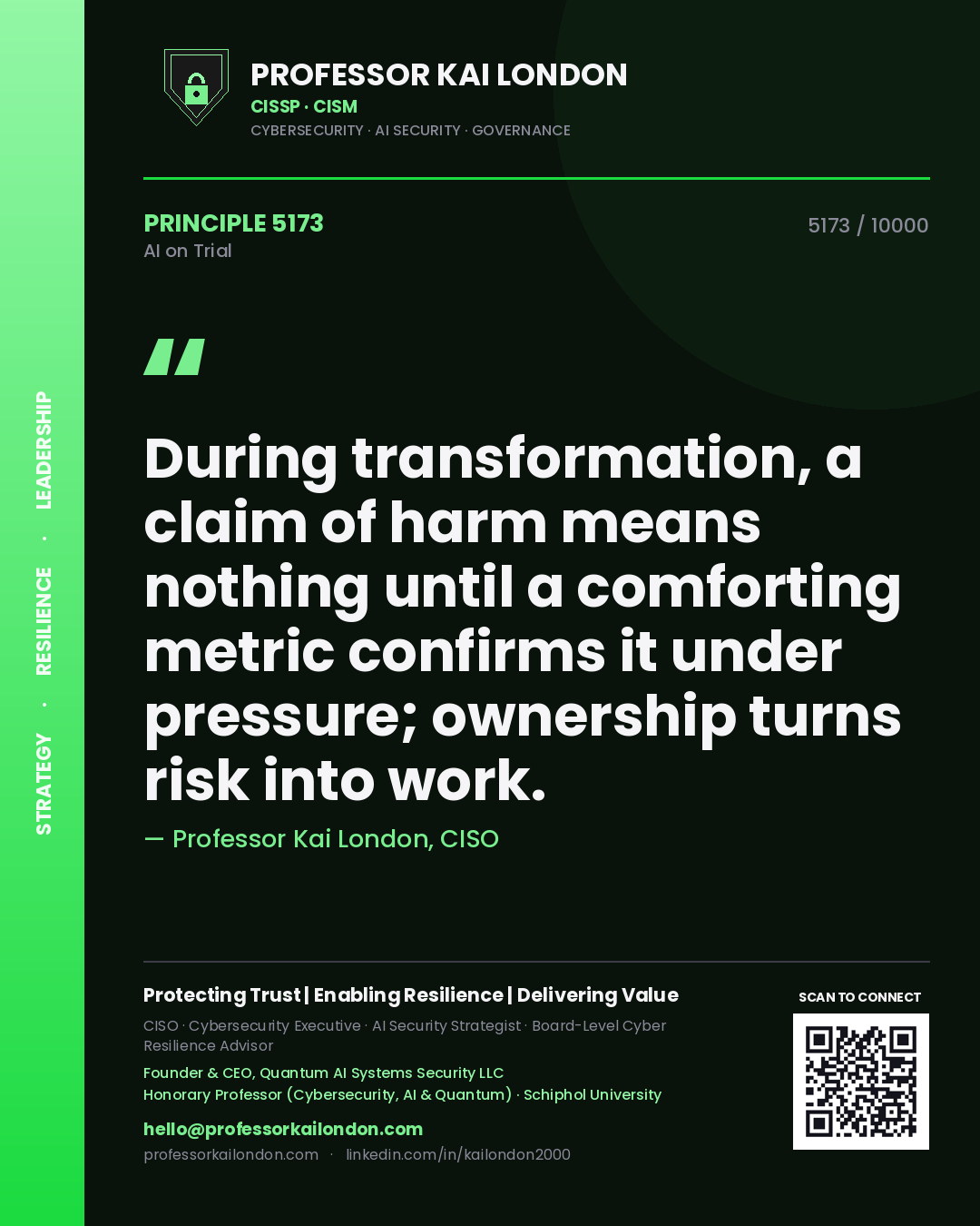 Professor Kai London principle 5173: During transformation, a claim of harm means nothing until a comforting metric confirms it under pressure; ownership turns risk into work.