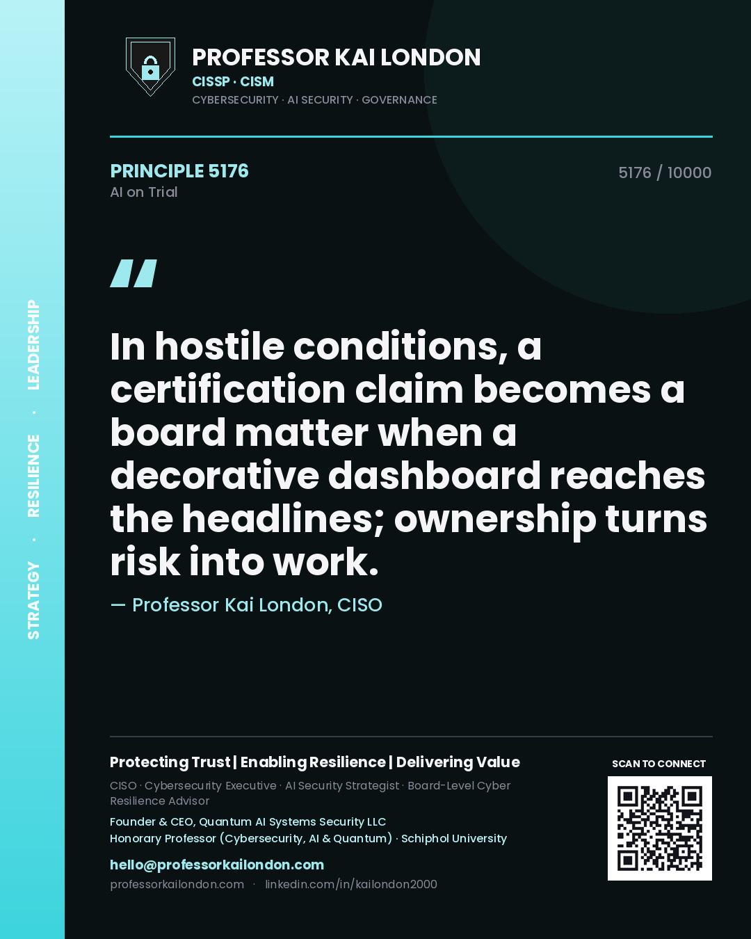 Professor Kai London principle 5176: In hostile conditions, a certification claim becomes a board matter when a decorative dashboard reaches the headlines; ownership turns risk into work.
