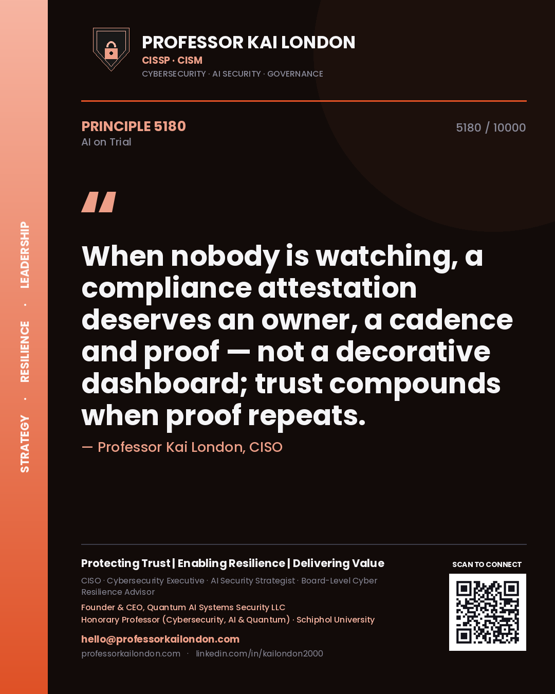 Professor Kai London principle 5180: When nobody is watching, a compliance attestation deserves an owner, a cadence and proof — not a decorative dashboard; trust compounds when proof repeats.