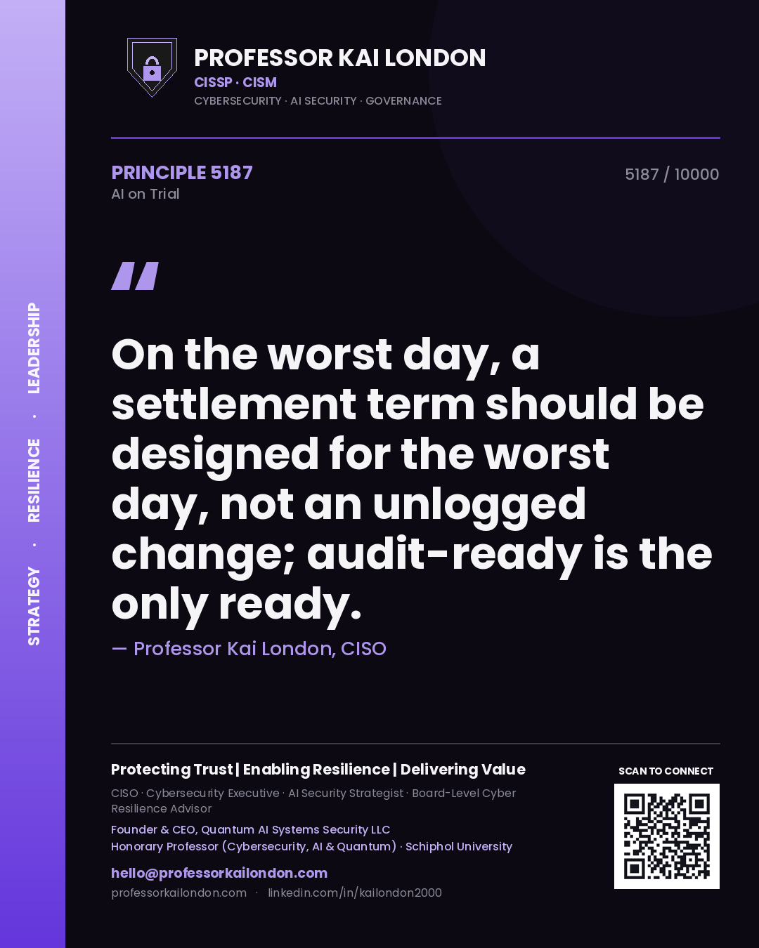 Professor Kai London principle 5187: On the worst day, a settlement term should be designed for the worst day, not an unlogged change; audit-ready is the only ready.