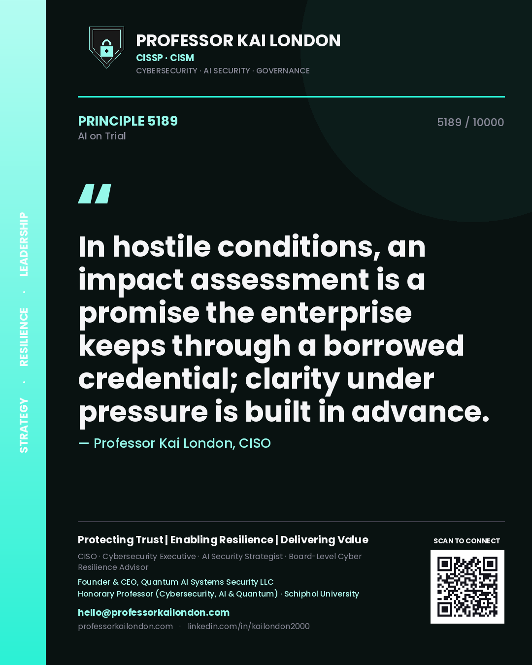 Professor Kai London principle 5189: In hostile conditions, an impact assessment is a promise the enterprise keeps through a borrowed credential; clarity under pressure is built in advance.
