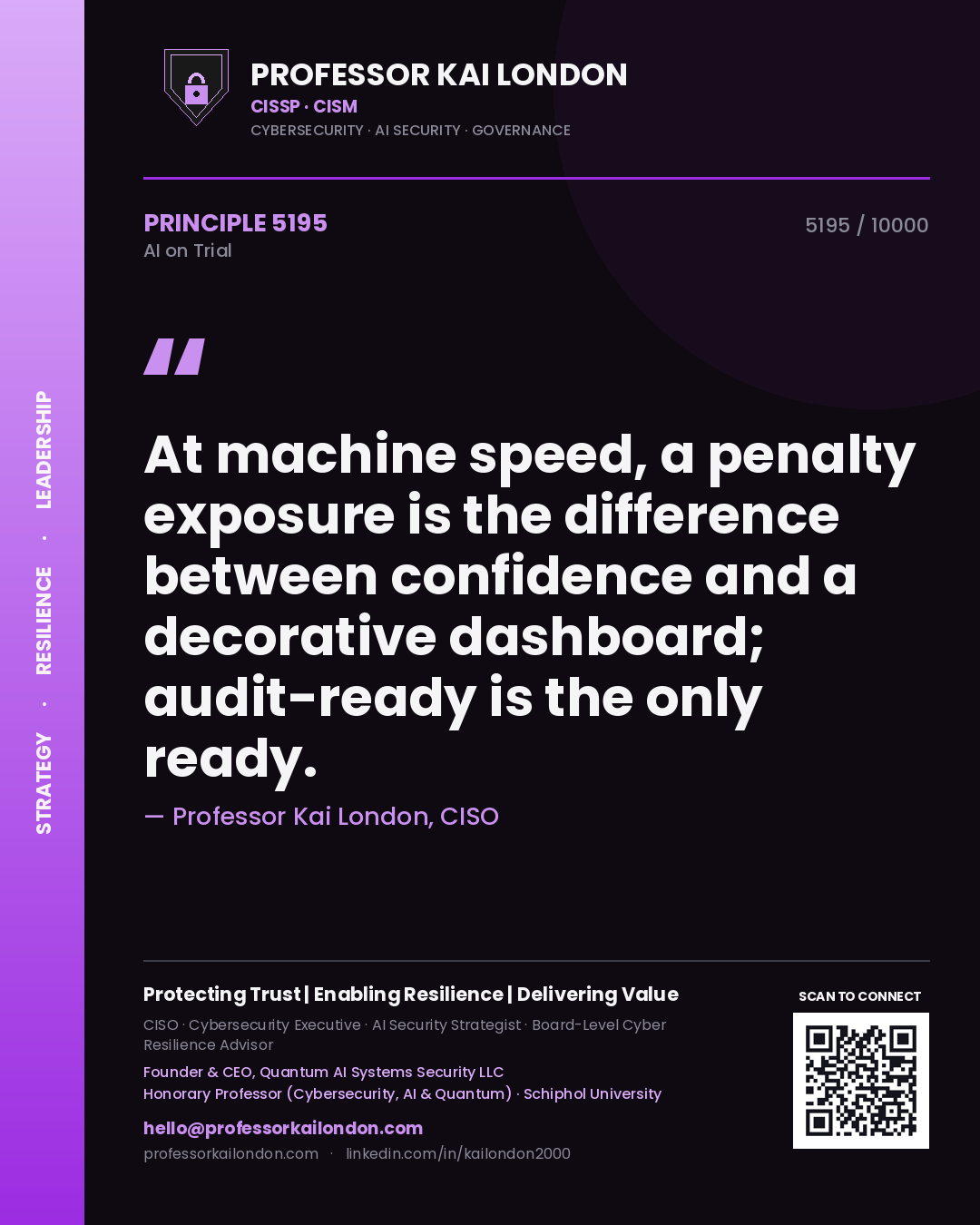 Professor Kai London principle 5195: At machine speed, a penalty exposure is the difference between confidence and a decorative dashboard; audit-ready is the only ready.