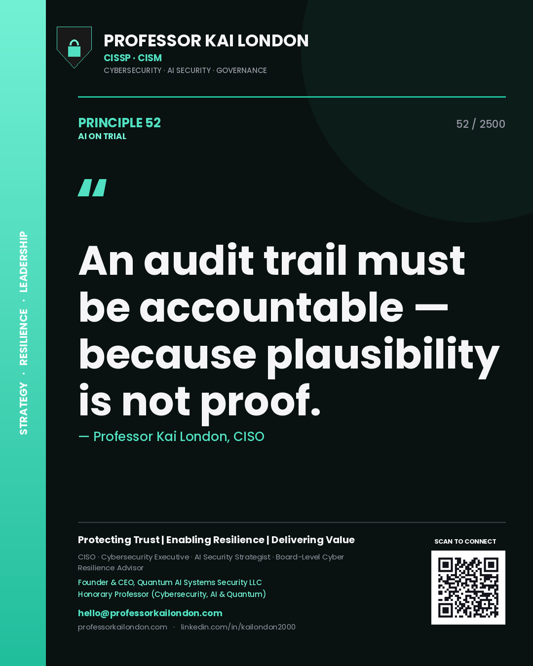 Professor Kai London principle 52: An audit trail must be accountable — because plausibility is not proof.
