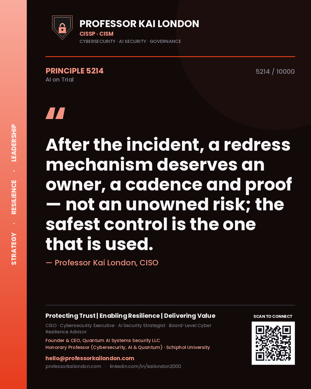 Professor Kai London principle 5214: After the incident, a redress mechanism deserves an owner, a cadence and proof — not an unowned risk; the safest control is the one that is used.