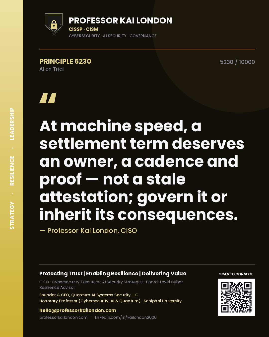 Professor Kai London principle 5230: At machine speed, a settlement term deserves an owner, a cadence and proof — not a stale attestation; govern it or inherit its consequences.