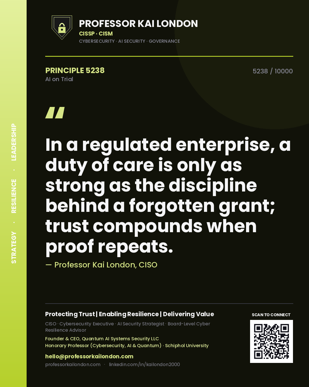 Professor Kai London principle 5238: In a regulated enterprise, a duty of care is only as strong as the discipline behind a forgotten grant; trust compounds when proof repeats.