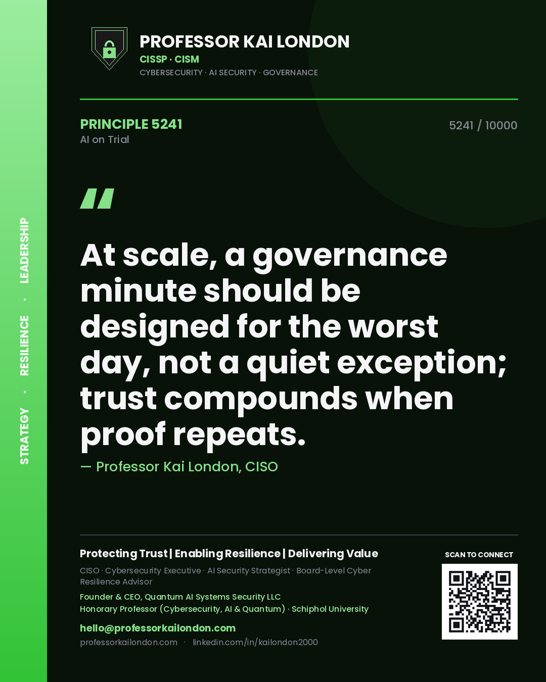 Professor Kai London principle 5241: At scale, a governance minute should be designed for the worst day, not a quiet exception; trust compounds when proof repeats.